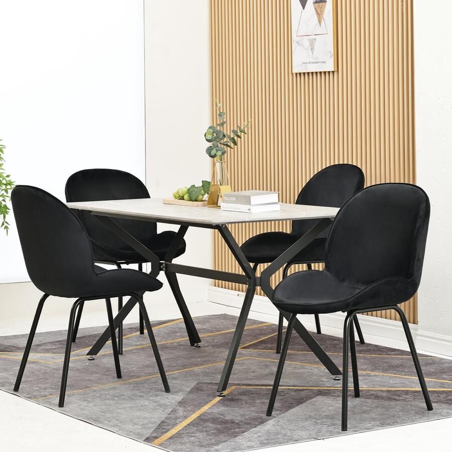 Sweiko Eetkamerstoel (4 pcs) Ronde stoel Fluwelen stoel Metalen frame Keuken stoel Gestoffeerde stoel met Rugleuning voor woonkamer Draagcapaciteit 150kg Gouden metalen poten Zwart