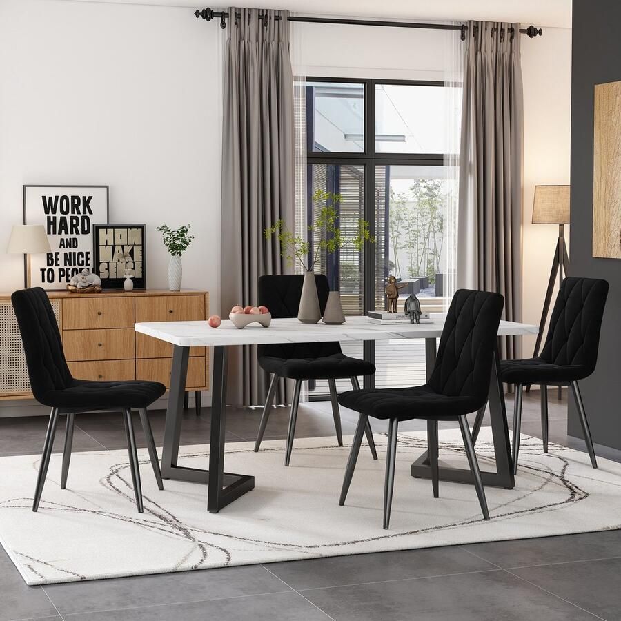 Sweiko Eettafel set (117 x 68cm eettafel 4 stoelen) rechthoekige eettafel moderne keuken eettafel set eettafel stoel zwart twill fluweel keukenstoel zwarte tafelpoten