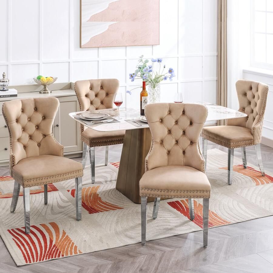 Sweiko Eetkamerstoel 4-poten (4-delige set) met Knoopstiksel Massief houten frame knoopstiksel Bruine vrijetijdsstoel Enkele fauteuil