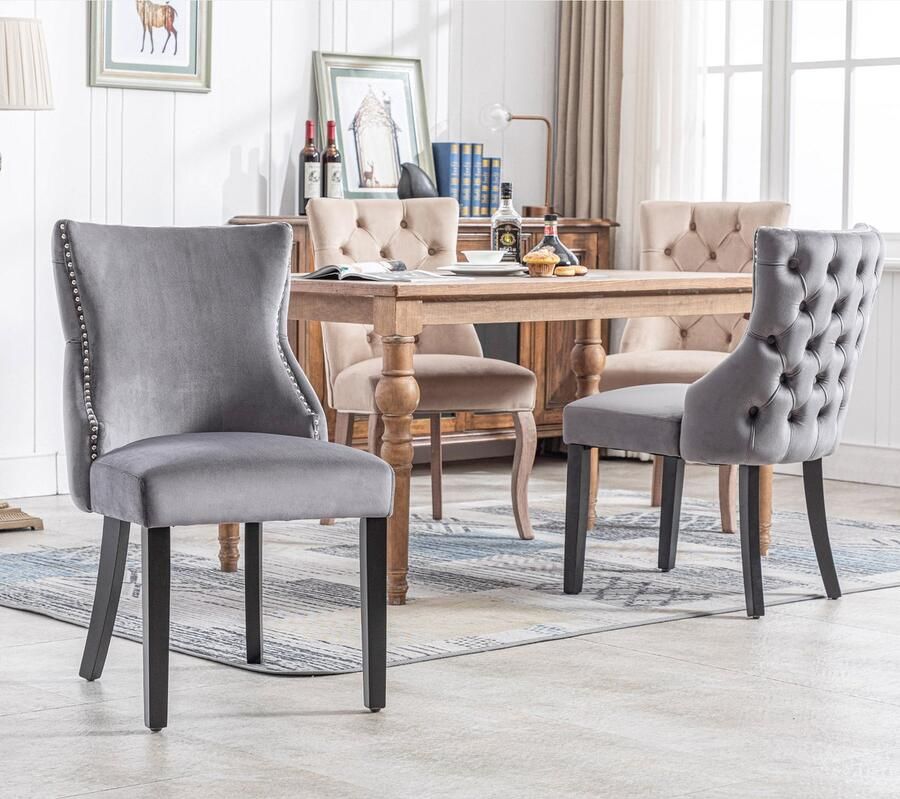 Sweiko Eetkamerstoel 4-voetige kruk Grijs fluwelen eetkamerstoel met knoopstiksels massief houten frame Grijs (set 4-delig)