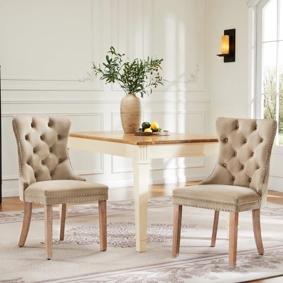 Sweiko Eetkamerstoel 4-voetige kruk Vrijetijdsfauteuil éénpersoonsfauteuil (2-delig) met knoopstiksel massief houten frame met knoopstiksel Lichtbruine kleur