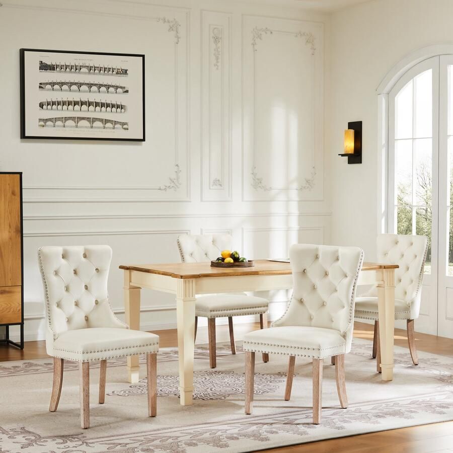 Sweiko Eetkamerstoel 4-voetige kruk Vrijetijdsfauteuil Eenpersoonsfauteuil (4-delig) Met knoopstiksels massief houten frame knoopstiksels Beige kleur