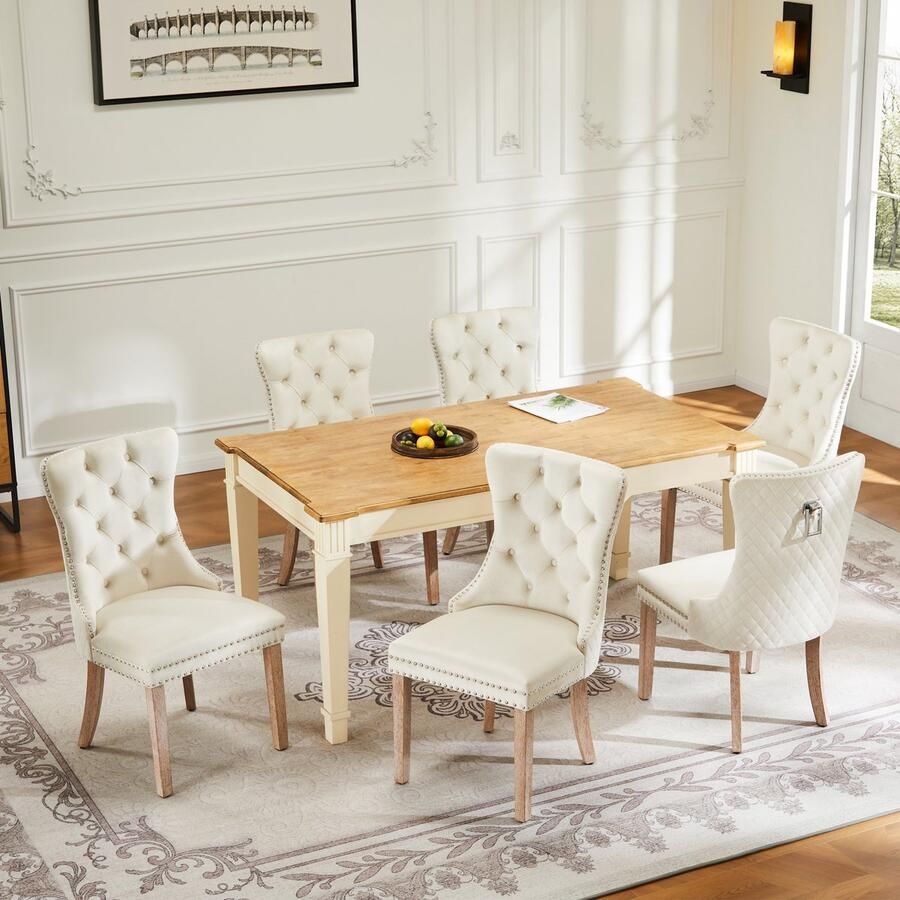 Sweiko Eetkamerstoel 4-voetige kruk Vrijetijdsfauteuil éénpersoonsfauteuil (6-delige set) met knoopstiksels massief houten frame knoopstiksels Beige kleur