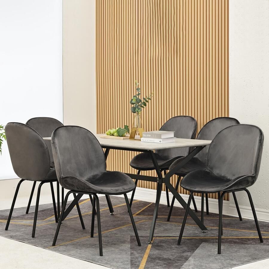 Sweiko Eetkamerstoel (6 pcs) Ronde stoel Fluwelen stoel Metalen frame Keuken stoel Gestoffeerde stoel met Rugleuning voor woonkamer Draagcapaciteit 150kg Gouden metalen poten Grijs