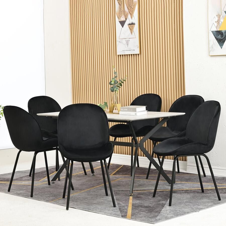 Sweiko Eetkamerstoel (6 pcs) Ronde stoel Fluwelen stoel Metalen frame Keuken stoel Gestoffeerde stoel met Rugleuning voor woonkamer Draagcapaciteit 150kg Gouden metalen poten Zwart