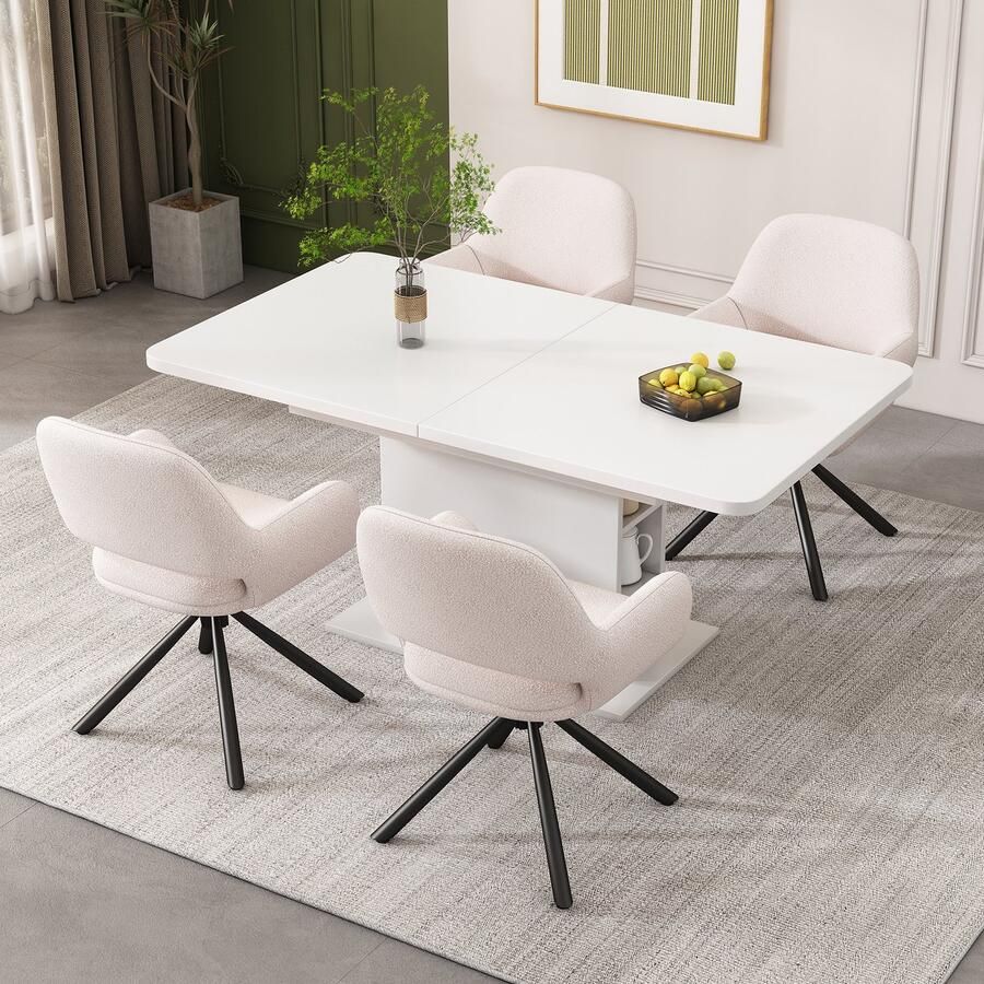 Sweiko Eetkamerstoel Draaibaar Sherpa stof 4-delige set met armleuningen modern en minimalistisch comfortabel zacht kussen Wit(zonder eettafel)