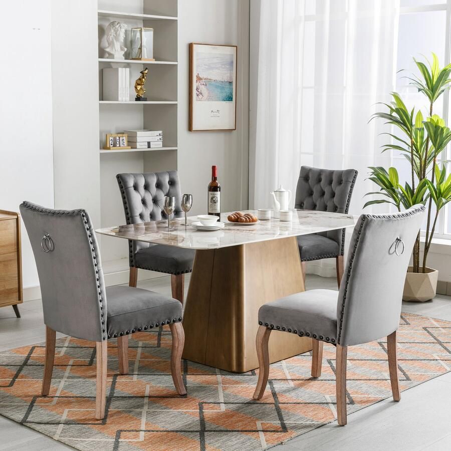 Sweiko Eetkamerstoel (Keukenstoel Woonkamer Stoel met Unieke Deurringen op de rug 4-delig) Gewatteerde stoel met nagelkopdecoratie massief houten poten fluwelen hoes Grijs(excl. tafel)