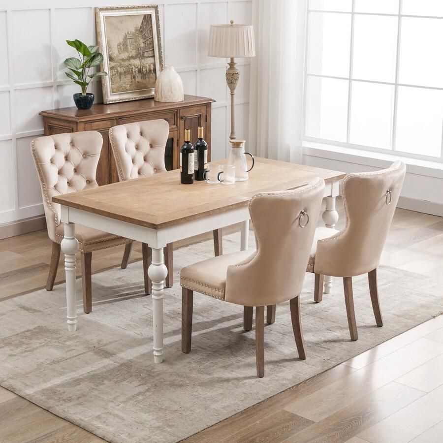 Sweiko Eetkamerstoel (Keukenstoel Woonkamer Stoel met unieke deurringen op de rug 4-stuks) Gewatteerde stoel met spijkerhoofd decoratie massief houten poten fluwelen hoes Beige kleur