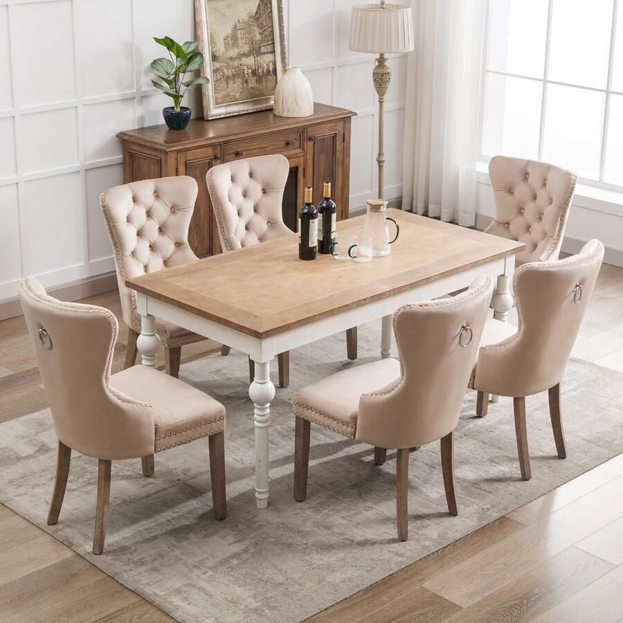 Sweiko Eetkamerstoel (Keukenstoel Woonkamer Stoel met Unieke deurringen op de rug 6-delig) gewatteerde stoel met spijkerhoofd decoratie massief houten poten fluwelen hoes Beige kleur(Zonder tabellen)