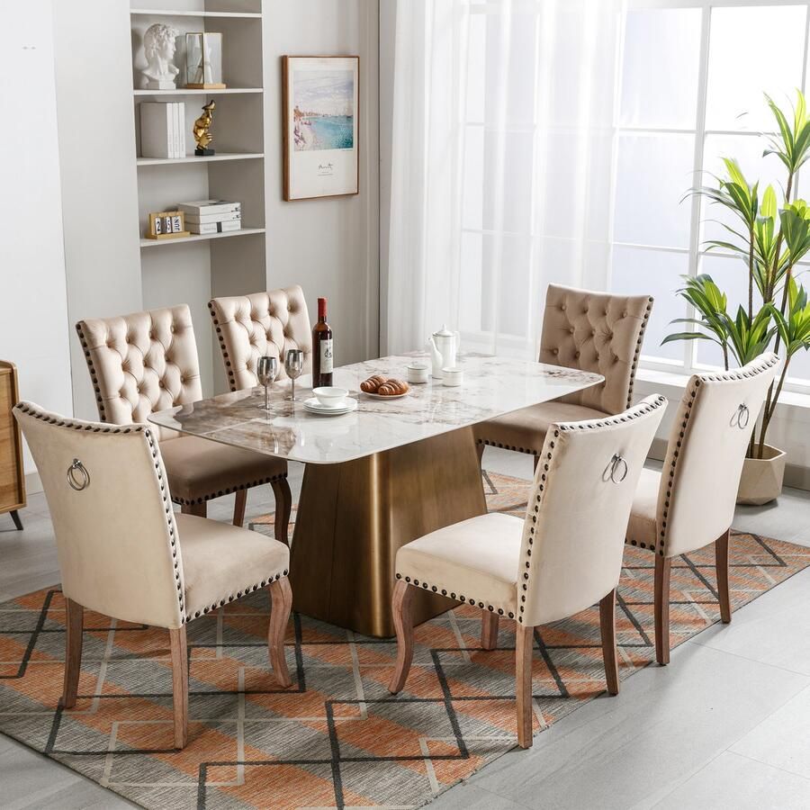 Sweiko Eetkamerstoel (Keukenstoel Woonkamer Stoel met unieke deurringen op de rug 6-delig) Gewatteerde stoel met spijkerhoofd decoratie massief houten poten fluwelen cover Lichte kameelkleur(excl. tafel)