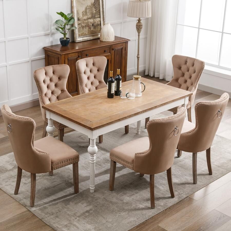 Sweiko Eetkamerstoel (Keukenstoel Woonkamer Stoel met unieke deurringen op de rug 6-delig) gewatteerde stoel met nagelkopdecoratie massief houten poten Fluwelen hoes Bruin(excl. tafel)