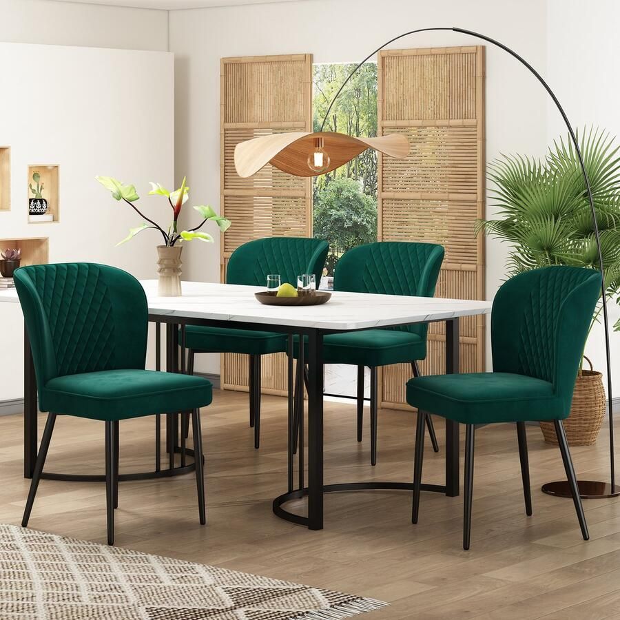 Sweiko Eetkamerstoel set (set 140 × 80 × 75cm Eettafel 4 Stoelen) Moderne Keuken Eettafel set Donkergroen Fluweel eetkamerstoel zacht kussen stoel ontwerp met rugleuning Wit MDF tafelblad Zwarte tafelpoten