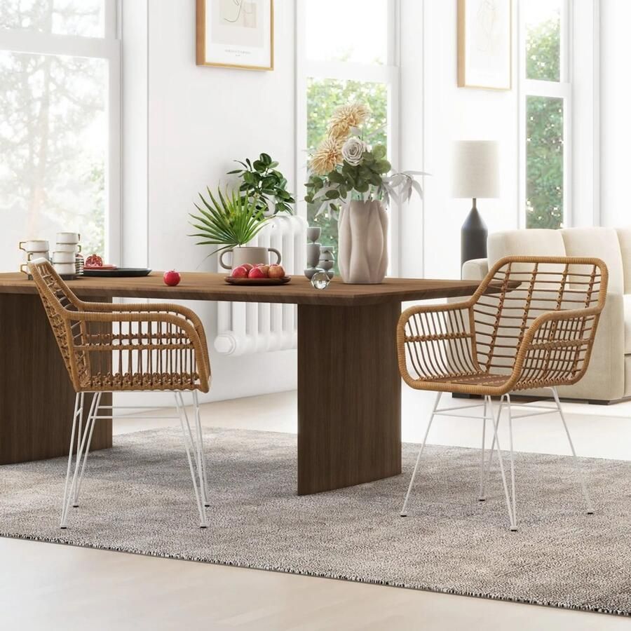 Sweiko Eetkamerstoel Set van 2 Boheemse stijl PE-rotan 56 x 60 x 79 cm Naturel + Wit