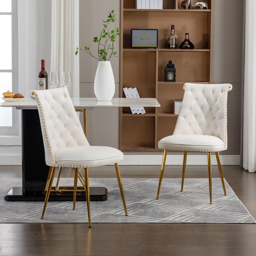 Sweiko Fluwelen Stoelen 2 zeer zachte Stoelen met licht gepolsterde Rugleuningen en poten gemaakt van goud metaal. De woonkamer en eetkamer gebruiken moderne en unieke stoelen in Beige kleur