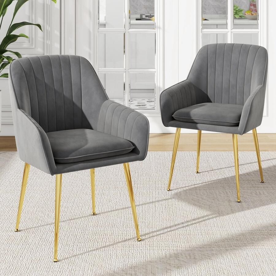 Sweiko Eetkamerstoel Set van 2 Fluweel Metalen poten Grijs