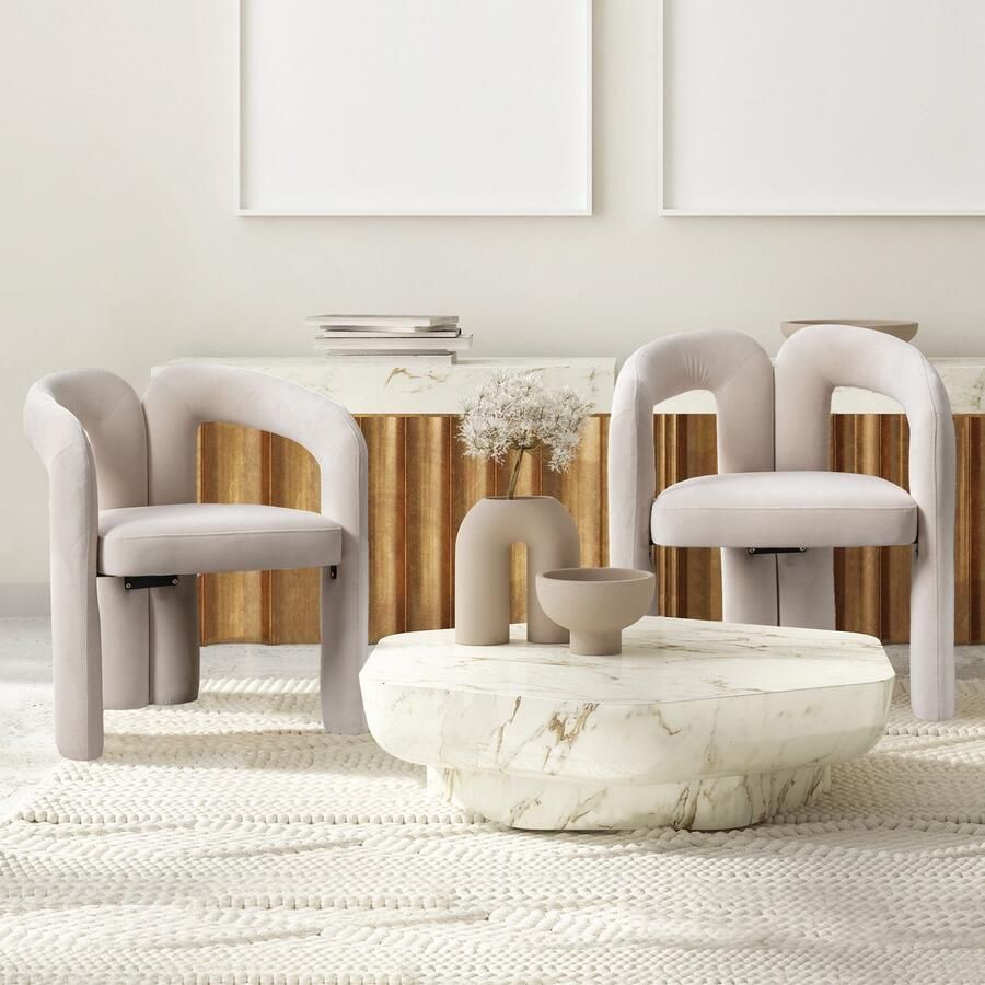 Gutent Fauteuil Beige Fluweel Set van 2 Gestoffeerde Accent Stoel Eetkamerstoel Bucket Bijzetstoel Woonkamer Keuken Lounge Stoel
