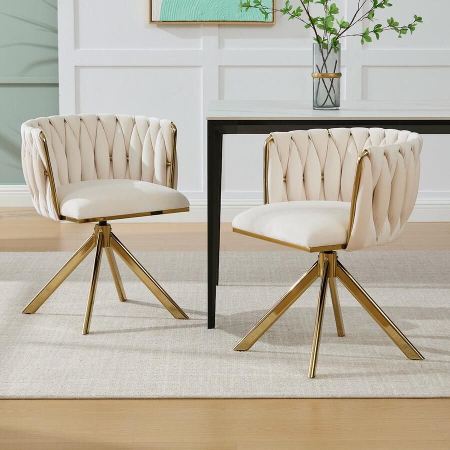 Sweiko Eetkamerstoel Set van 2 Metalen frame Velvet 180° draaibaar Beige + Gouden