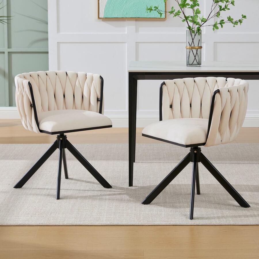 Sweiko Eetkamerstoel Set van 2 Metalen frame Velvet 180° draaibaar Beige + Zwart
