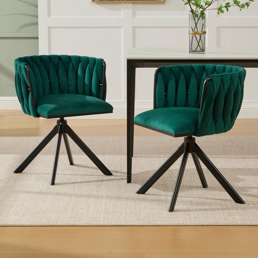 Sweiko Eetkamerstoel Set van 2 Metalen frame Velvet 180° draaibaar Groen + Zwart