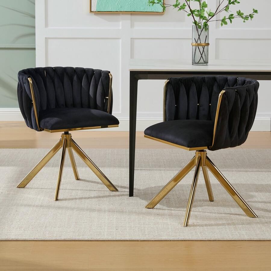 Sweiko Eetkamerstoel Set van 2 Metalen frame Velvet 180° draaibaar Zwart + Gouden