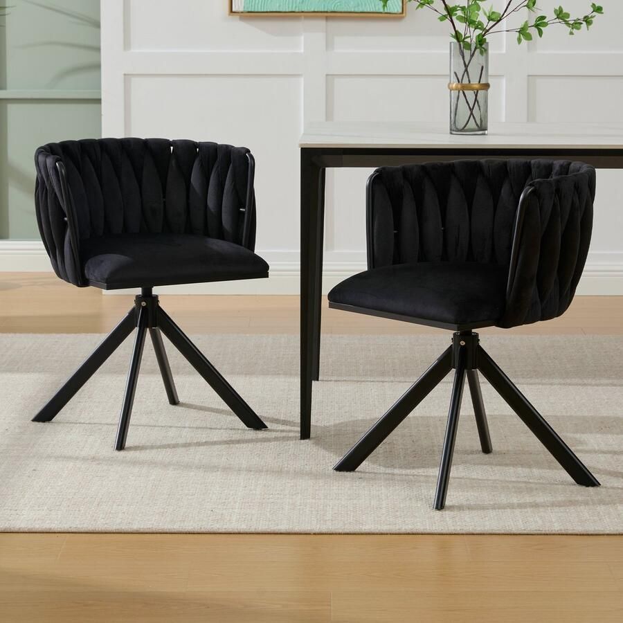 Sweiko Eetkamerstoel Set van 2 Metalen frame Velvet 180° draaibaar Zwart