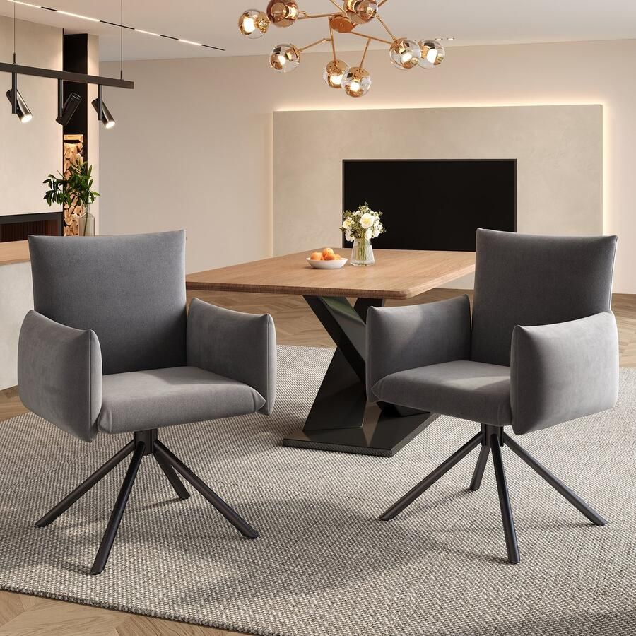 Sweiko Eetkamerstoel Set van 2 Metalen poten Gestoffeerde fauteuil 360° draaibaar Velvet Grijs