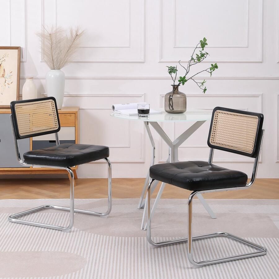 Sweiko Eetkamerstoel Set van 2 Opengewerkt rotan Kunstleren zitting Metalen poten Zwart