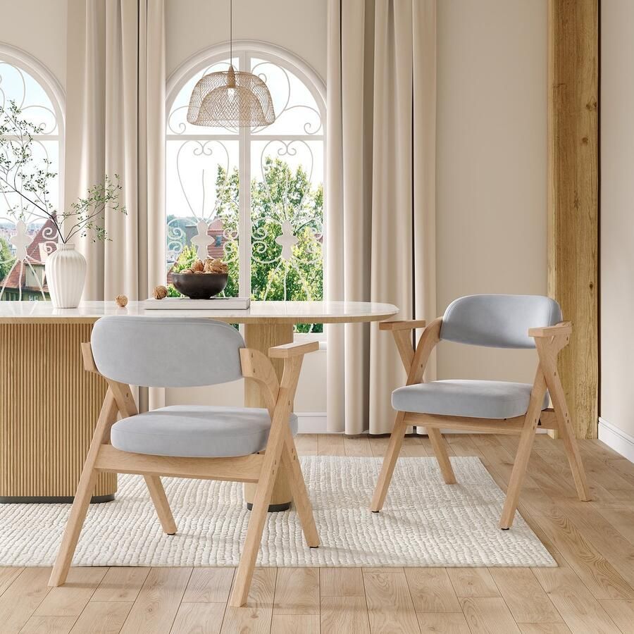 Sweiko Eetkamerstoel Set van 2 Opvouwbaar Fauteuil Massief houten frame Velvet zitkussen Grijs
