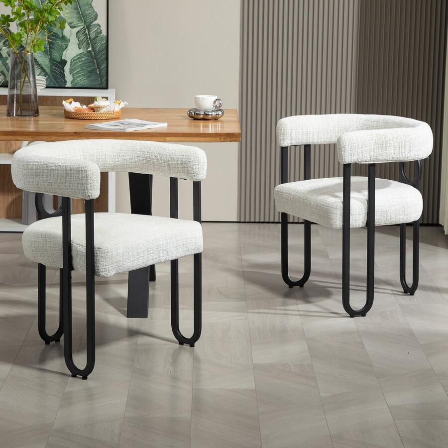 Sweiko Eetkamerstoel Set van 2 Ronde rugleuning Fluweel Metalen poten Beige