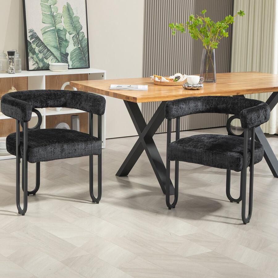 Sweiko Eetkamerstoel Set van 2 Ronde rugleuning Fluweel Metalen poten Zwart