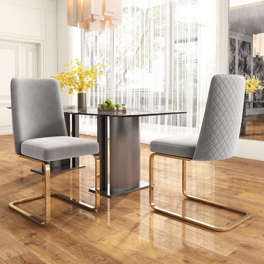 Sweiko Fluwelen Eetkamerstoel 2-delige set luxe woonkamer slaapkamer diamanten rugontwerp met goudkleurige metalen steunpoten grijs - Foto 2