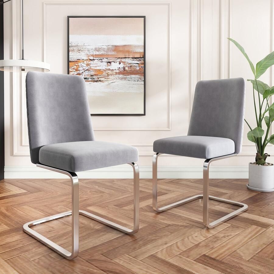 Sweiko Fluwelen Eetkamerstoel Diamant Rugleuning Ontwerp met Zilveren metalen steunpoten Grijs 2-delige set luxe woonkamer slaapkamer loungestoel