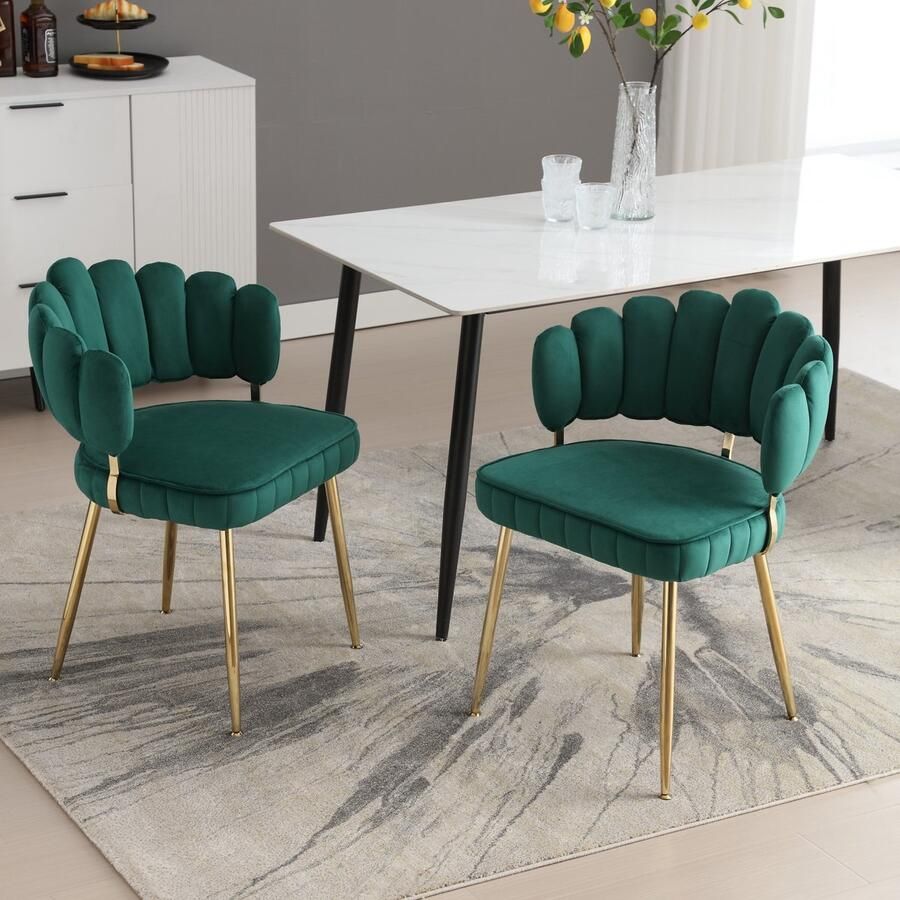 Sweiko Eetkamerstoel Set van 2 Velvet Bloemvormige rugleuning Metalen poten Groen