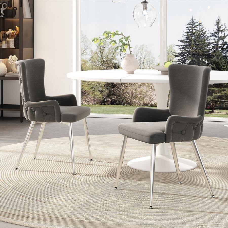Gutent Fluwelen Eetkamerstoelen Grijs (Zonder tafel) set van 2 Luxe Woonkamer slaapkamer loungestoelen met vier zilverkleurige metalen steunpoten