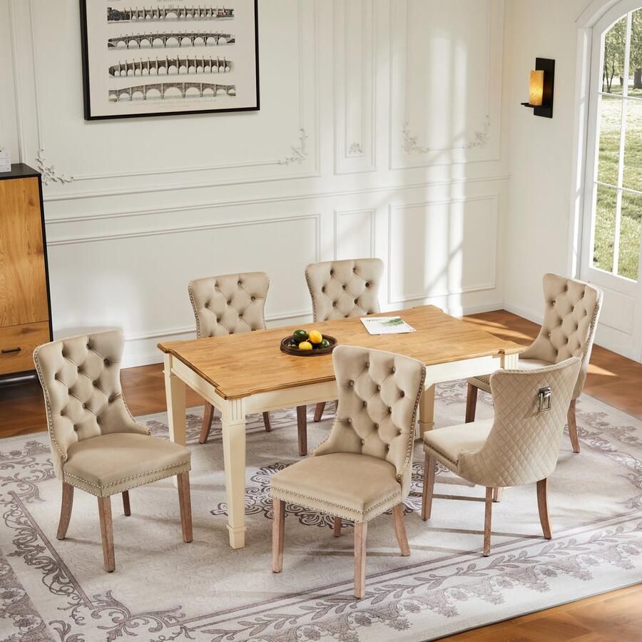 Sweiko Eetkamerstoel Voetenbank Vrijetijdsfauteuil Enkelvoudige Fauteuil (6-delig) met knoopstiksel massief houten frame knoopstiksel Lichtbruin