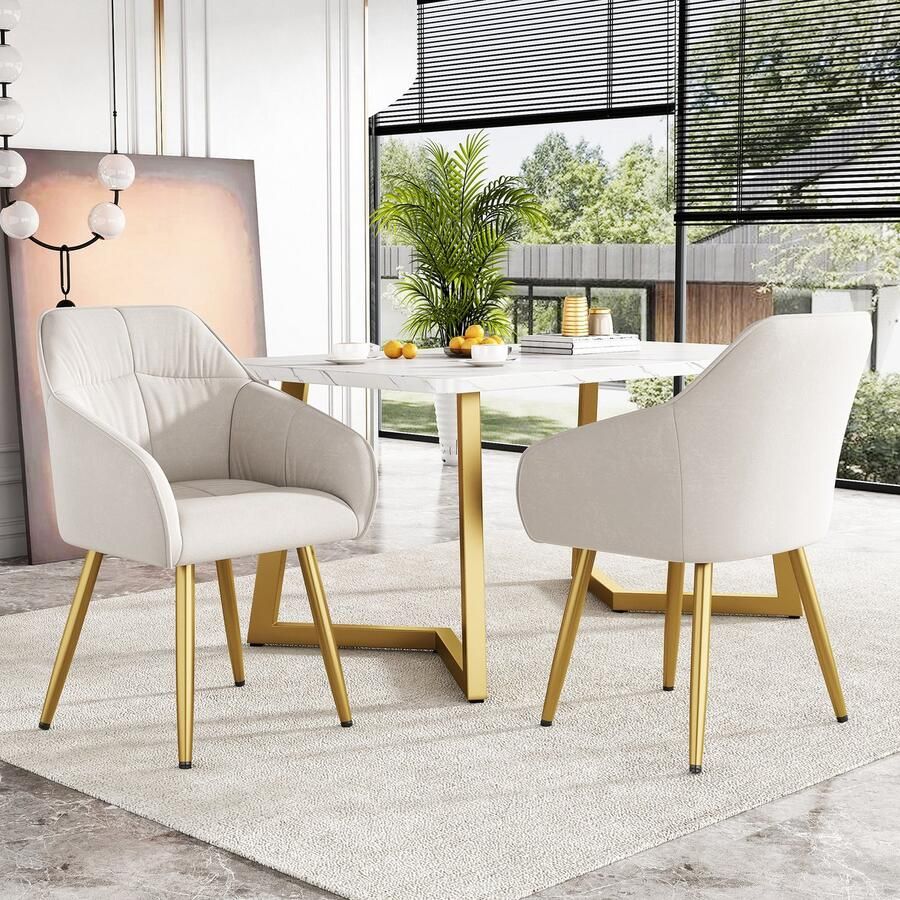 Sweiko Eetkamerstoelen (2-delig) gewatteerde stoelen met metalen poten fluweel gewatteerd met fluwelen cover keukenstoel met rugleuning fluweel met armleuningen woonkamer stoelen verstelbare stoel voorpoten beige kleur