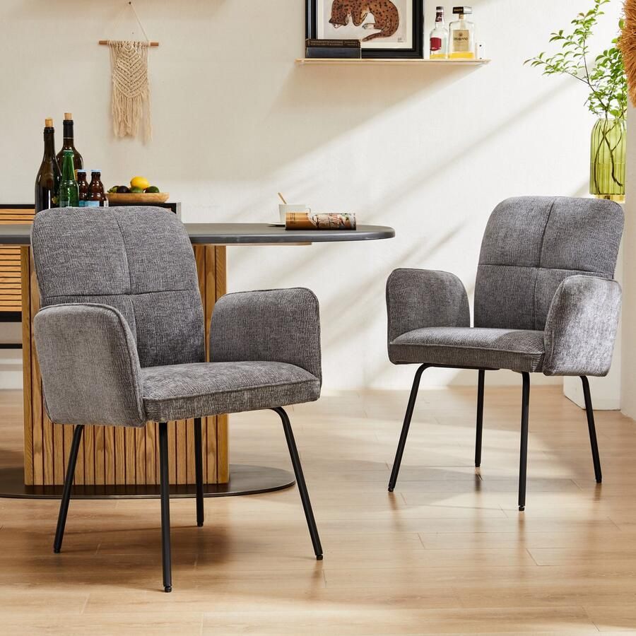 Sweiko Eetkamerstoelen (2-delig) met Brede Kussens Ultra brede rugleuningen zwart metalen poten Grijs woonkamer fauteuils zachte stoelen (Geen tafel)