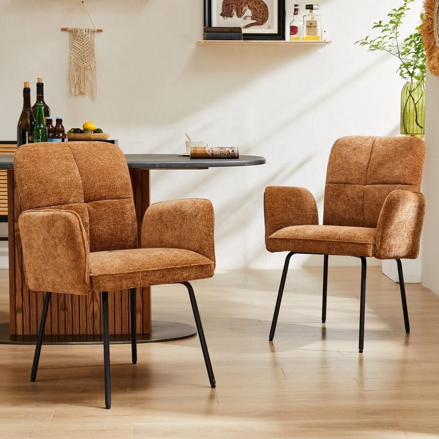 Sweiko Eetkamerstoelen (2-delig) met Brede Kussens Ultra brede rugleuningen zwart metalen poten Bruin woonkamer fauteuils zachte stoelen (Geen tafel)