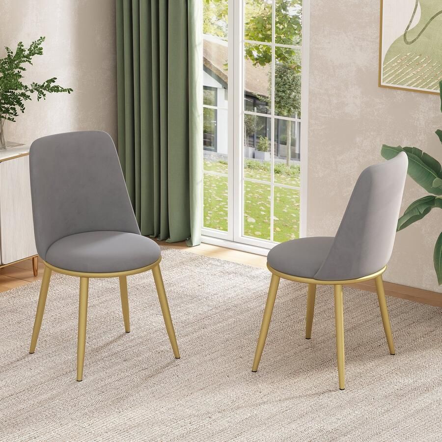 Sweiko Eetkamerstoelen (2) Ronde stoelen Fluwelen Zitting metalen frame keukenstoelen woonkamer kussens stoelen met rugleuningen draagvermogen 150kg Gouden metalen poten Grijs (geen tafel)