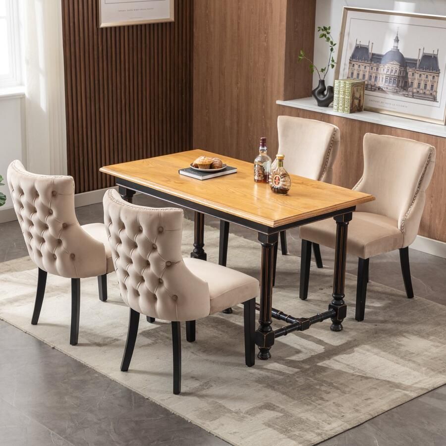 Sweiko Eetkamerstoelen (4-delig) Beige Fluwelen Eetkamerstoelen met knoopstiksels Zwart poten massief houten frame Beige (Geen tafel)