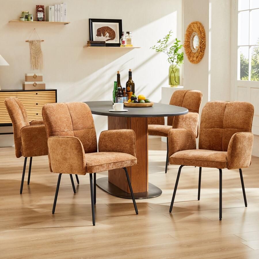 Sweiko Eetkamerstoelen (4-delig) met Brede Kussens Ultra brede rugleuningen zwart metalen poten Bruin woonkamer fauteuils zachte stoelen (Geen tafel)