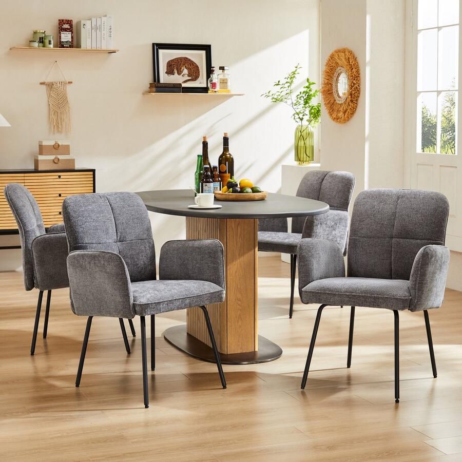 Sweiko Eetkamerstoelen (4-delig) met Brede Kussens Ultra brede rugleuningen zwart metalen poten Grijs woonkamer fauteuils zachte stoelen (Geen tafel)