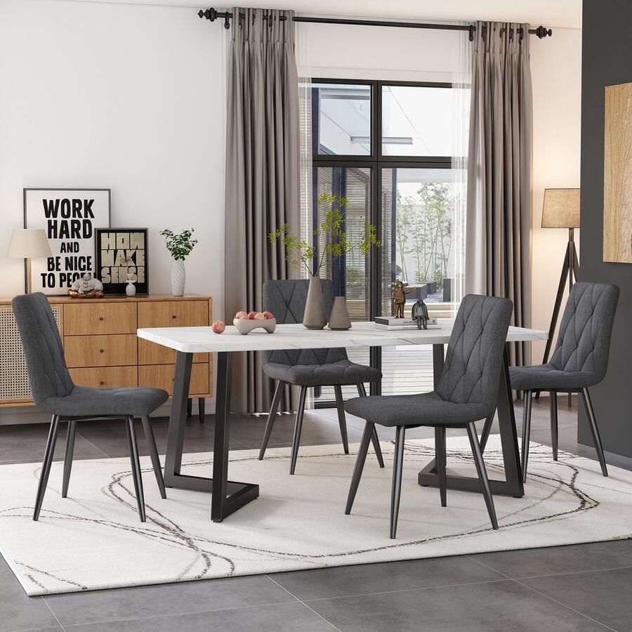 Sweiko Eetkamerstoelen (4-pcs) Donkergrijs 4-sets gestoffeerde stoel ontwerp stoelen Twill linnen eetkamer stoelen Keuken stoelen met rugleuning Linnen metalen frame stoelen Metalen benen