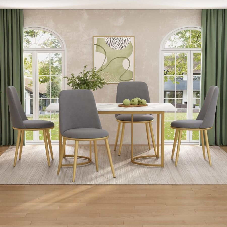 Sweiko Eetkamerstoelen (4) Ronde stoelen Fluwelen Zitting metalen frame keukenstoelen woonkamer kussens stoelen met rugleuningen draagvermogen 150kg Gouden metalen poten Grijs (geen tafel)