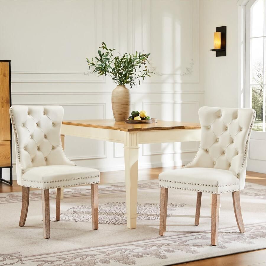 Sweiko Eetkamerstoelen 4-voetenbankjes Vrijetijdsfauteuils éénpersoonsfauteuils (2-delig) met knoopstiksels massief houten frame knoopstiksels Beige kleur
