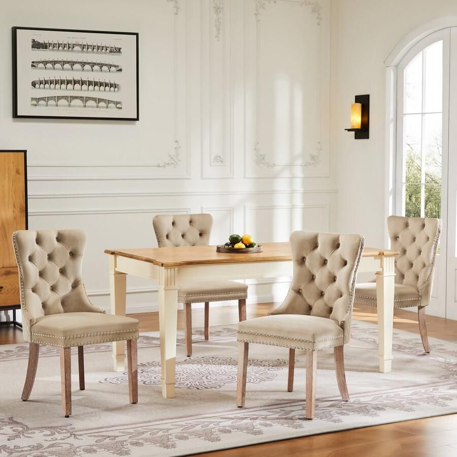 Sweiko Eetkamerstoelen 4-voetenbankjes Vrijetijdsfauteuils éénpersoonsfauteuils (4-stuks) met knoopstiksels massief houten frame knoopstiksels Lichtbruine kleur