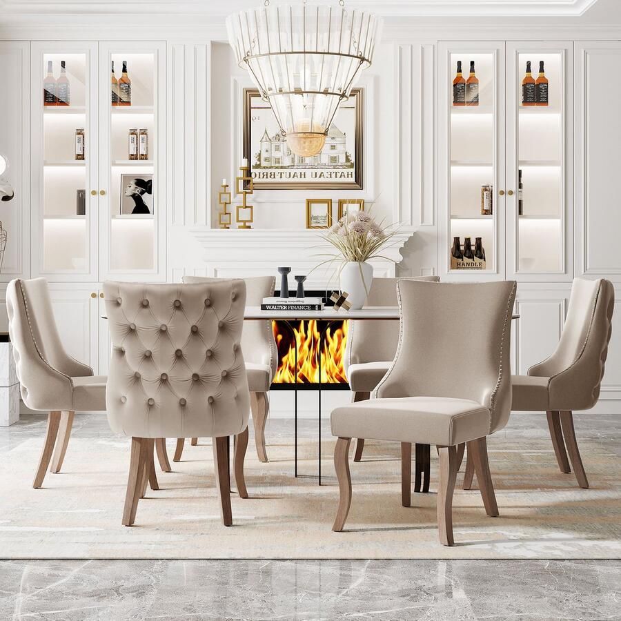 Sweiko Eetkamerstoelen (6) Beige Fluwelen Eetkamerstoelen met knoopstiksels frame van massief hout Beige (excl. tafel)