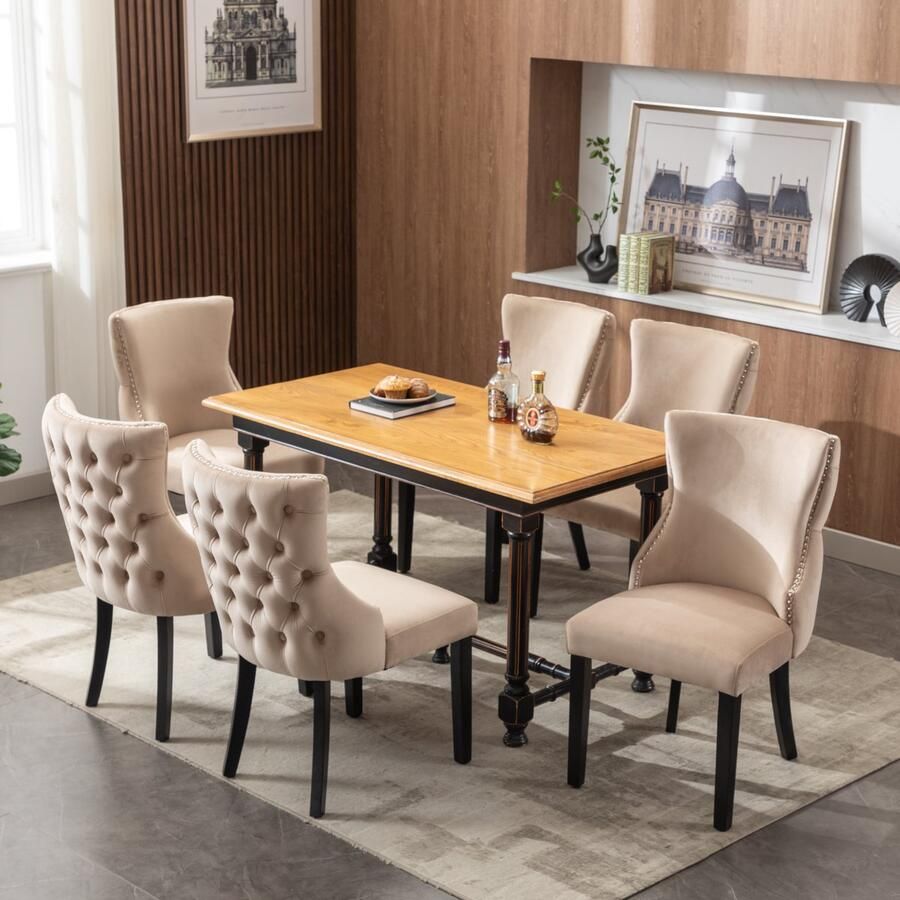 Sweiko Eetkamerstoelen (6-delig) Beige Fluwelen Eetkamerstoelen met knoopstiksels Zwart poten massief houten frame Beige (Geen tafel)