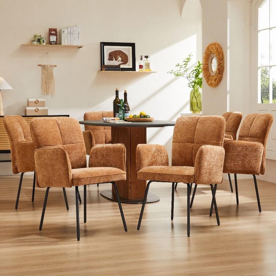 Sweiko Eetkamerstoelen (6-delig) met Brede Kussens Ultra brede rugleuningen zwart metalen poten Bruin woonkamer fauteuils zachte stoelen (Geen tafel)