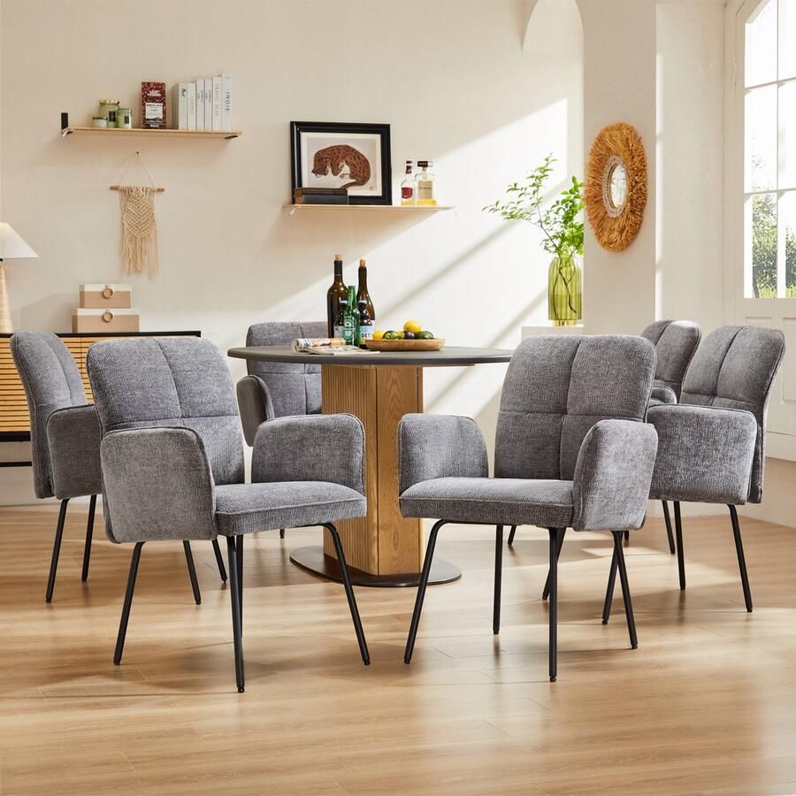 Sweiko Eetkamerstoelen (6-delig) met Brede Kussens Ultra brede rugleuningen zwart metalen poten Grijs woonkamer fauteuils zachte stoelen (Geen tafel)